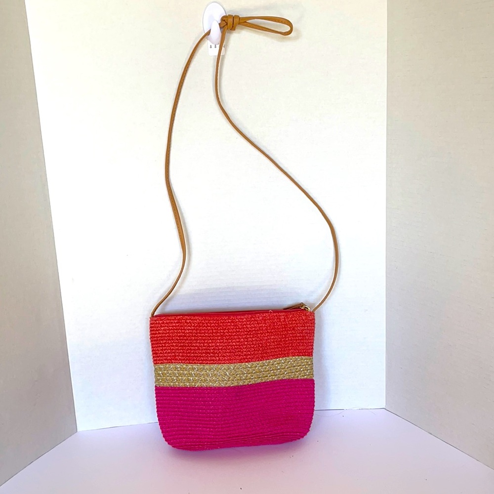 Straw handbag natural with pink and Orange straw.